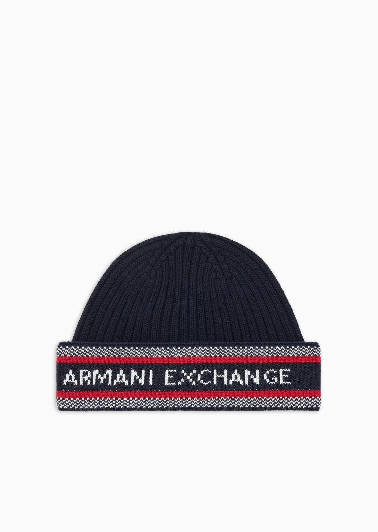 ARMANI EXCHANGE 男士绵羊毛圆顶翻边撞色LOGO提花针织帽