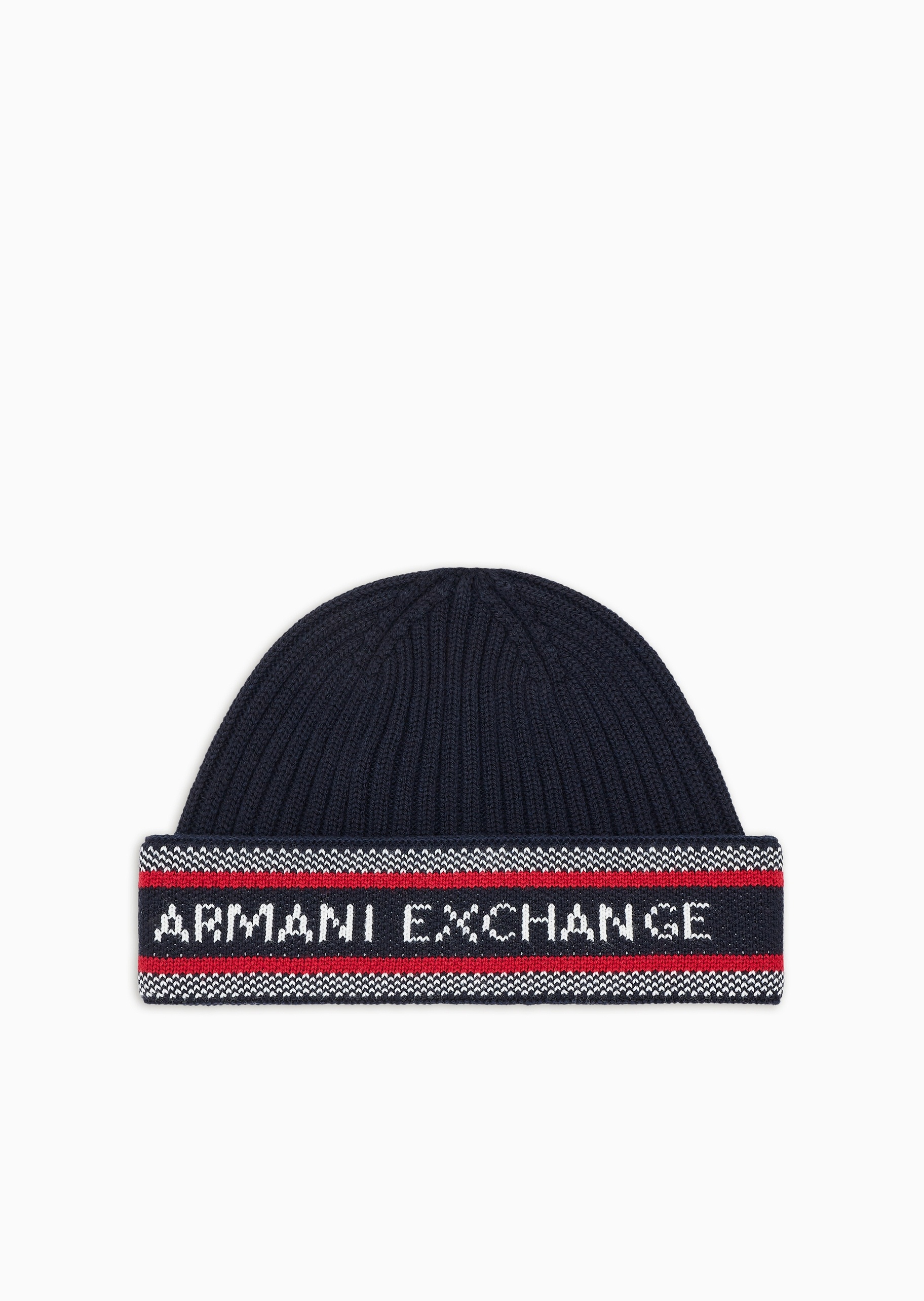 ARMANI EXCHANGE 男士绵羊毛圆顶翻边撞色LOGO提花针织帽