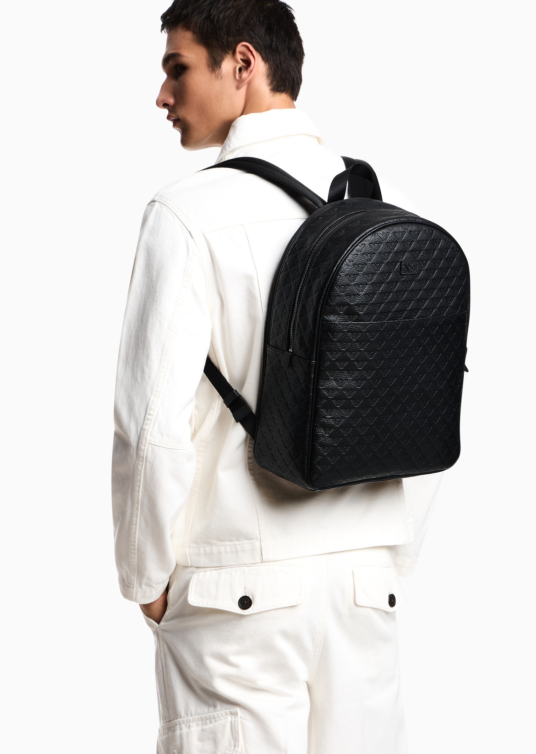 Emporio Armani 男士牛皮革拉链圆形老花手提双肩包