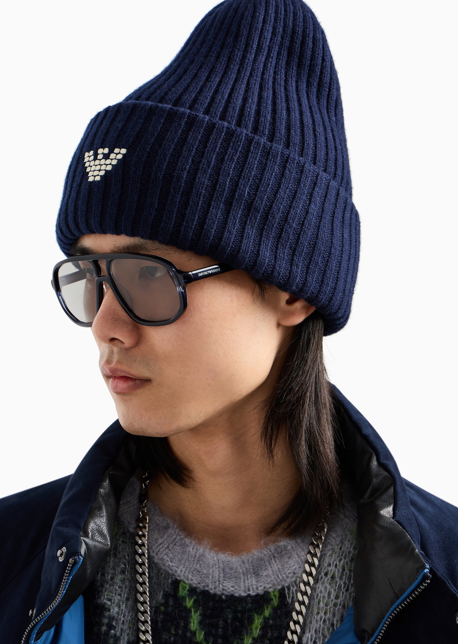 Emporio Armani 男士圆顶翻边刺绣休闲针织毛线帽