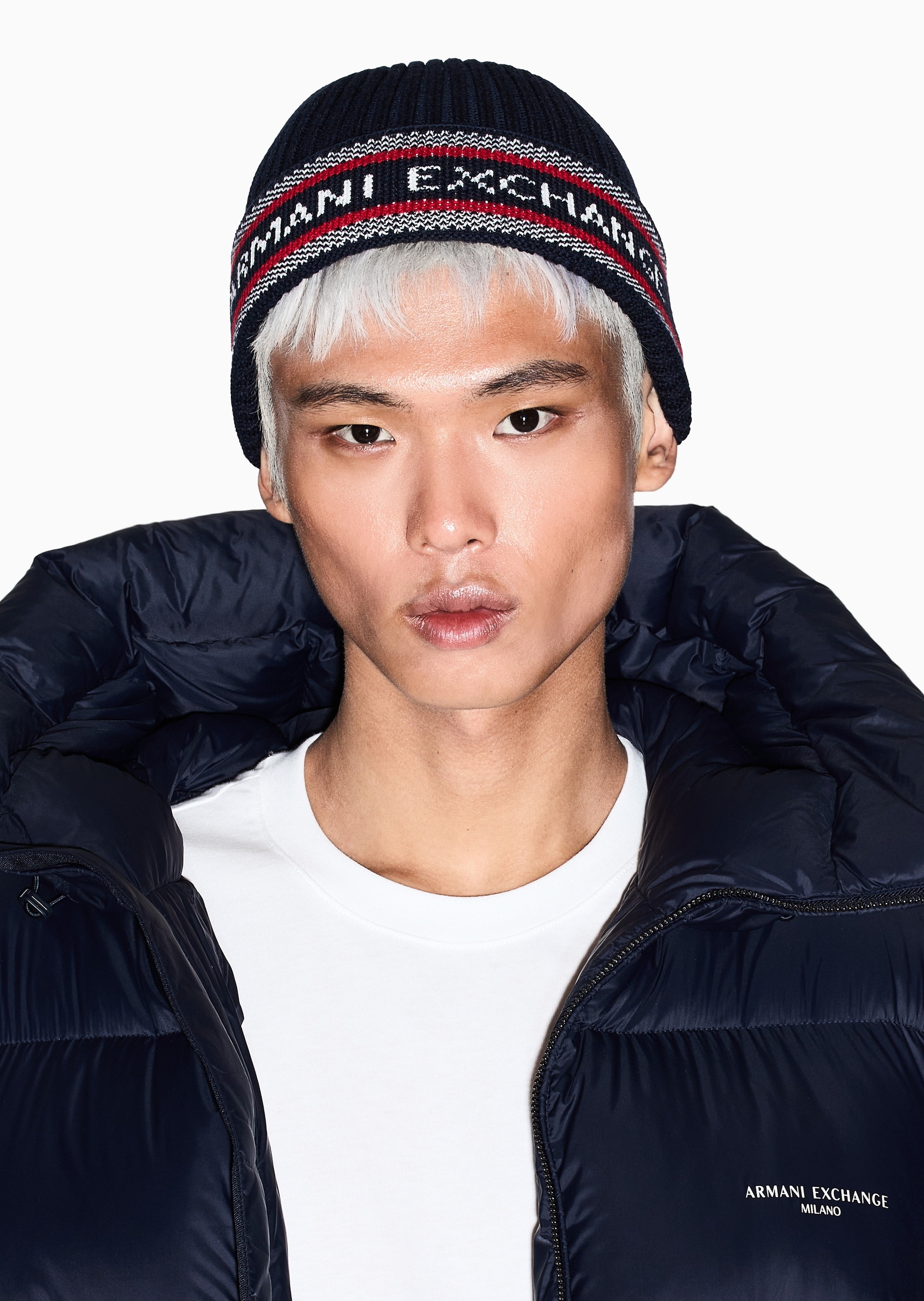 ARMANI EXCHANGE 男士绵羊毛圆顶翻边撞色LOGO提花针织帽