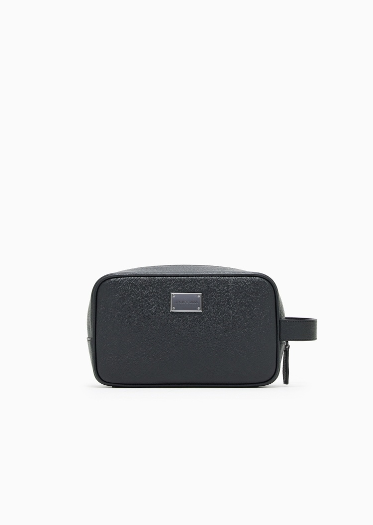 Emporio Armani 男士牛皮革拉链长方形金属标识时尚手拿包
