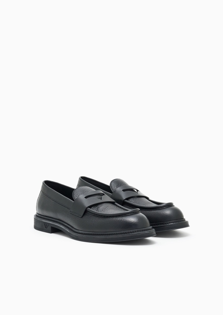 Emporio Armani 男士犊牛皮革一脚蹬低帮粒面休闲乐福鞋