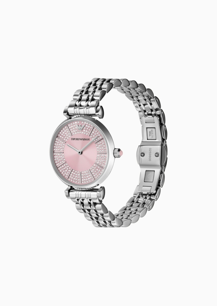 Emporio Armani 女士樱花粉满天星素色钢带石英腕表