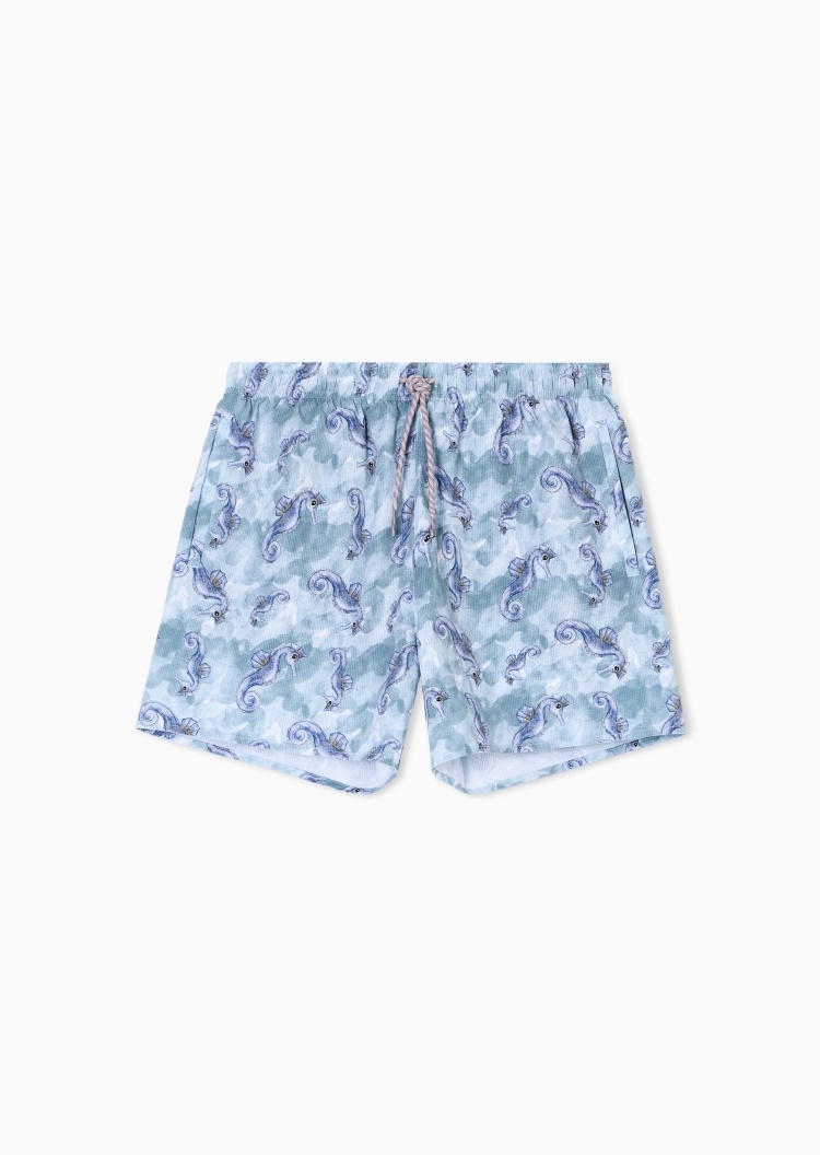 Emporio Armani 男士系带短款直筒动物印花游泳沙滩裤