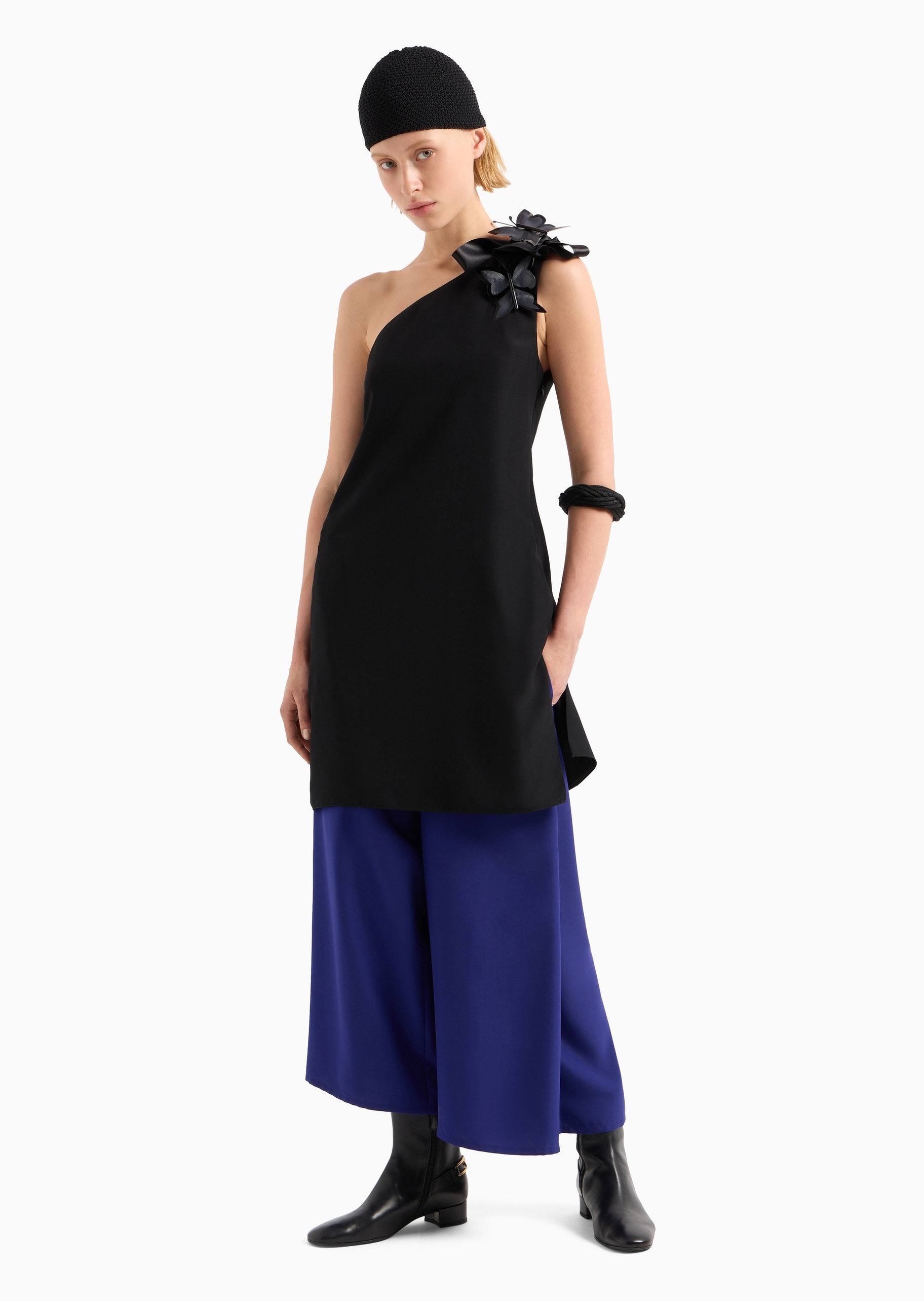 Emporio Armani 女士侧拉链短款单边蝴蝶露背连衣裙