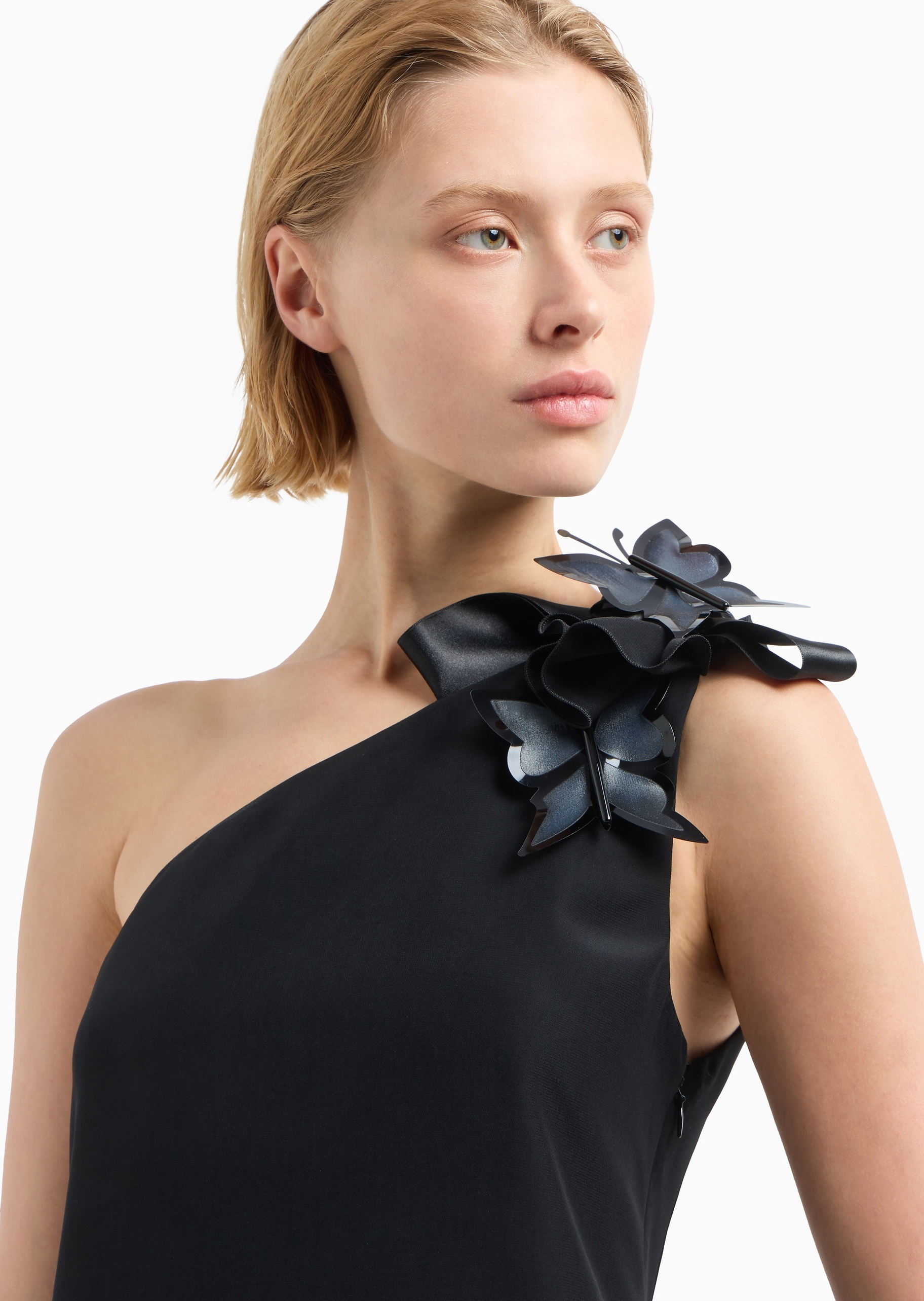 Emporio Armani 女士侧拉链短款单边蝴蝶露背连衣裙