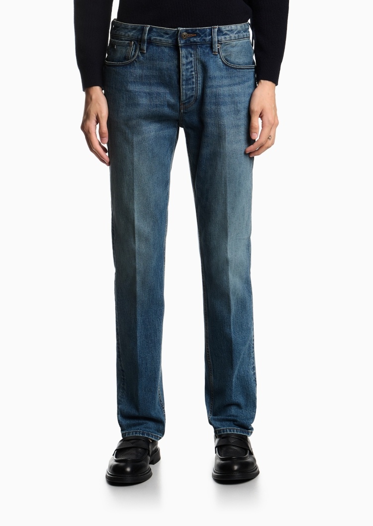 Emporio Armani 男士纯棉微弹修身低腰长款直筒小脚牛仔裤