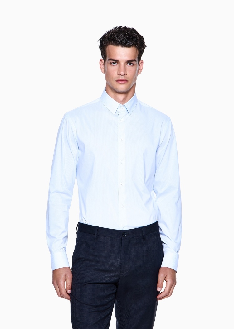 Giorgio Armani 男士棉质合身长袖翻领条纹正装商务衬衫