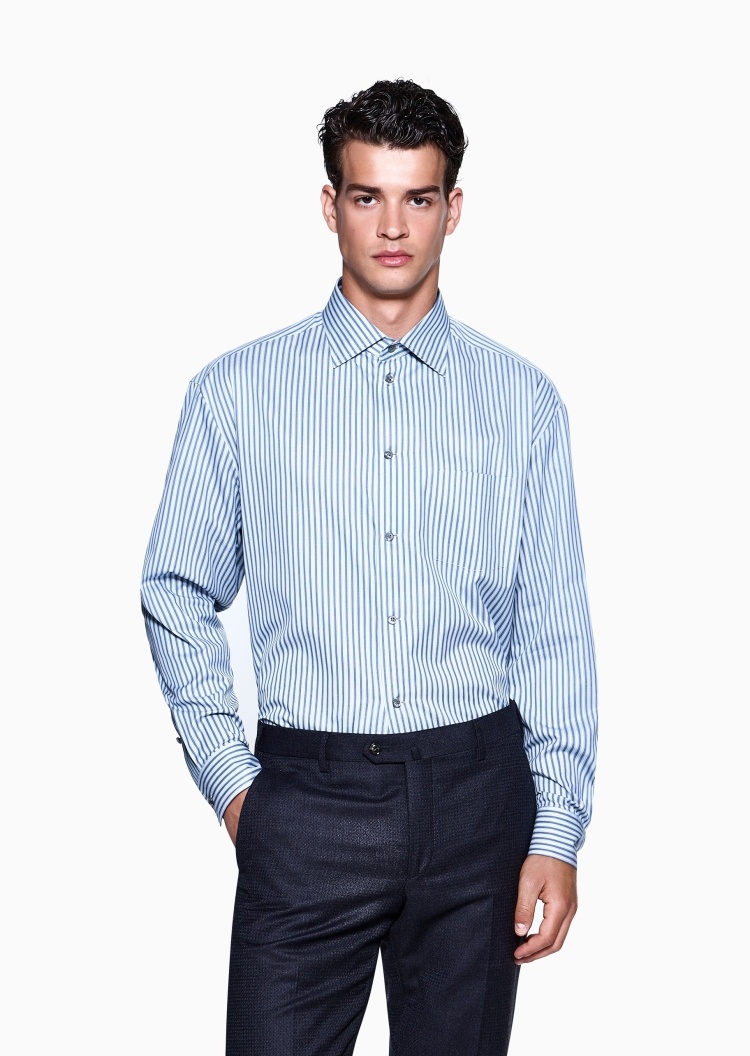Giorgio Armani 男士全棉宽松长袖翻领条纹休闲衬衫