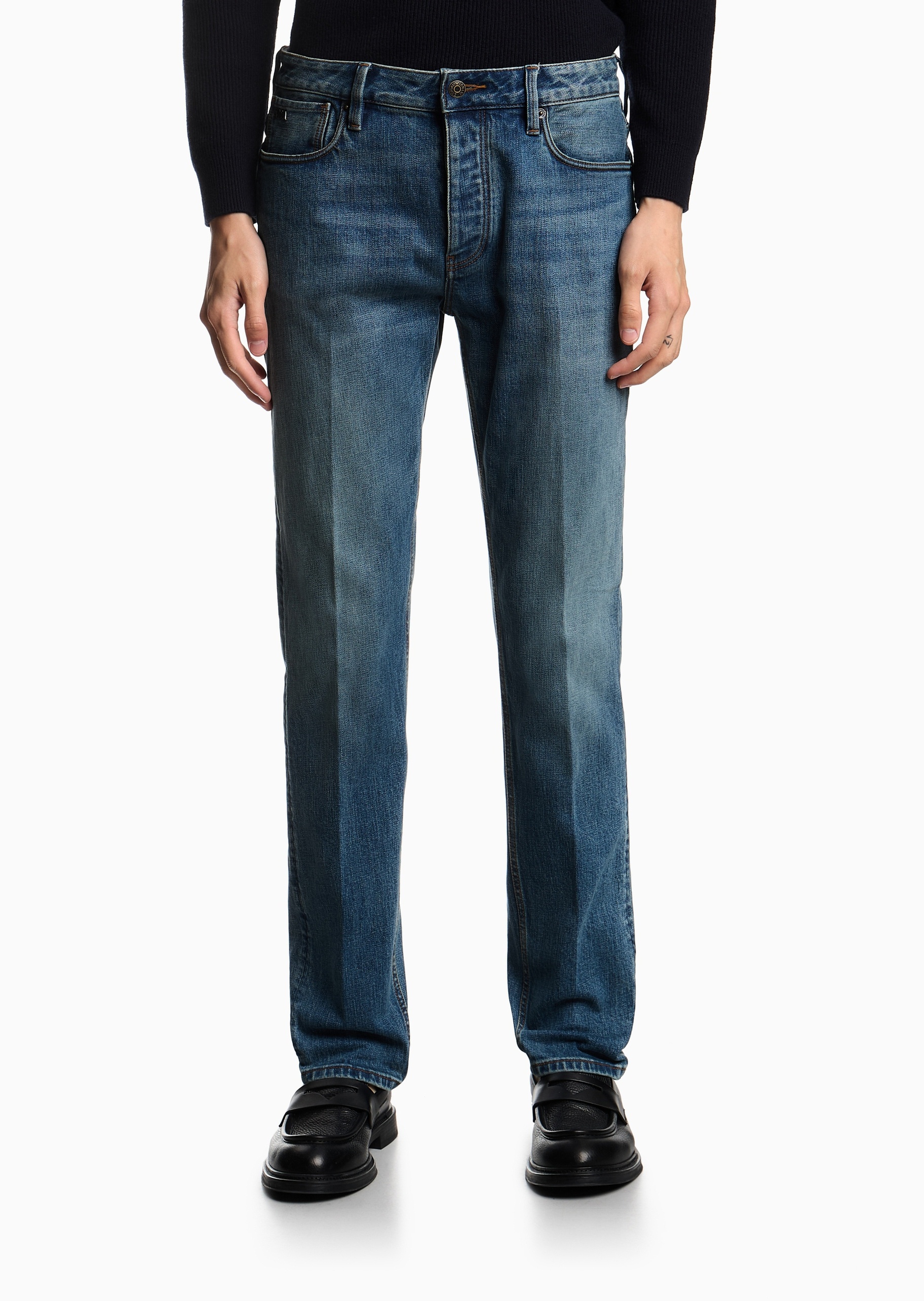 Emporio Armani 男士纯棉微弹修身低腰长款直筒小脚牛仔裤