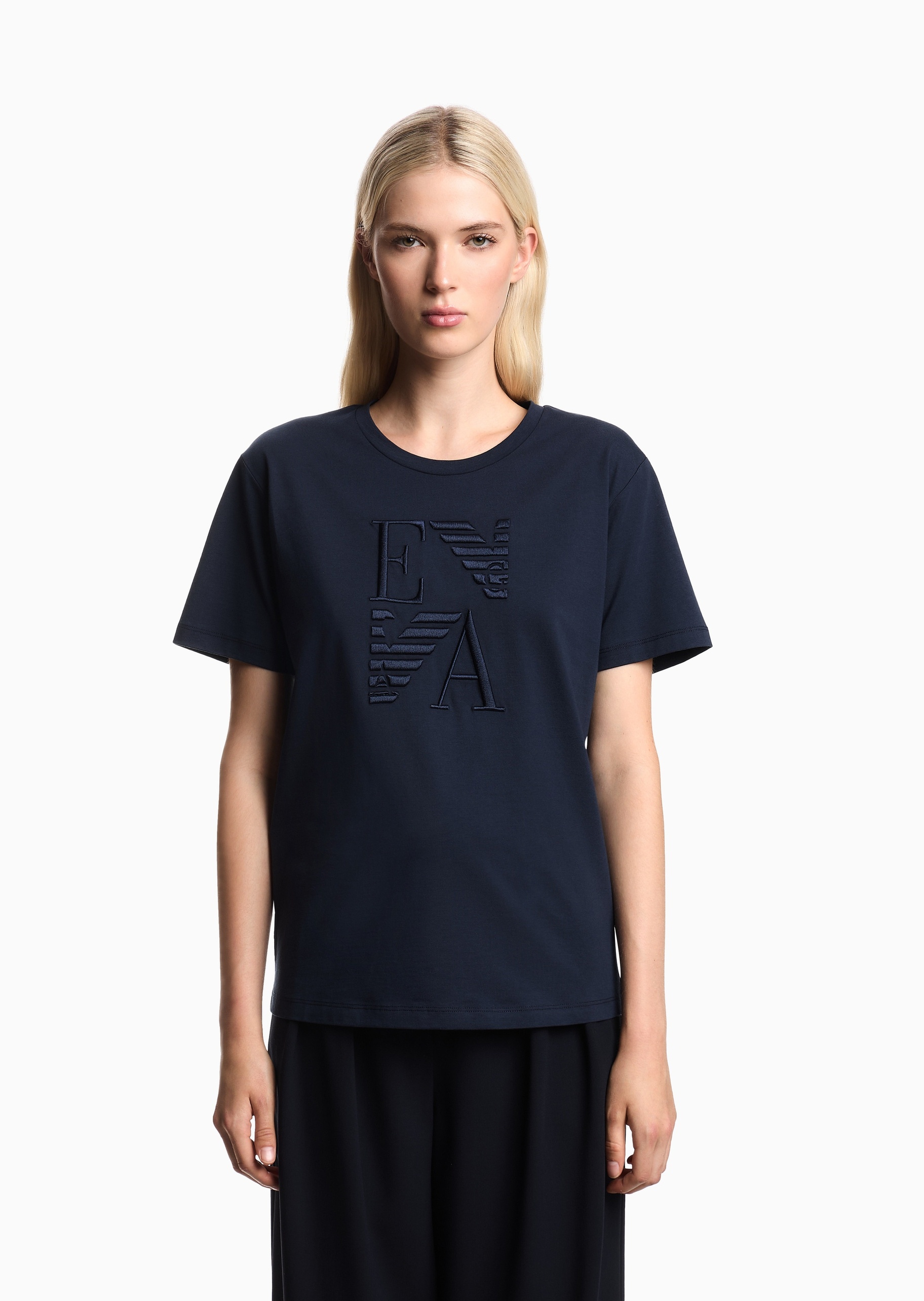 Emporio Armani 女士全棉合身短袖圆领刺绣薄T恤