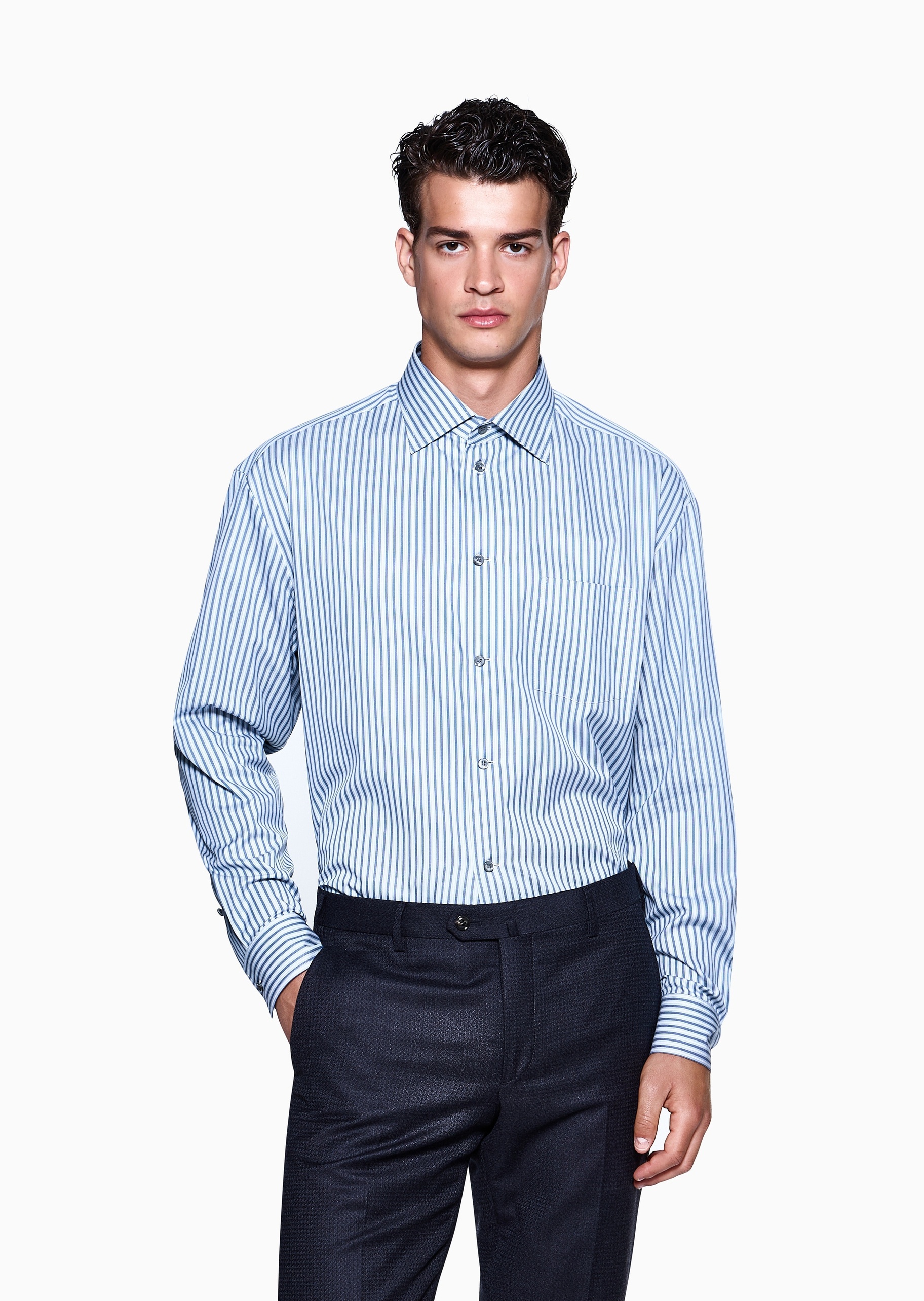 Giorgio Armani 男士纯棉长袖条纹休闲西装衬衫上衣