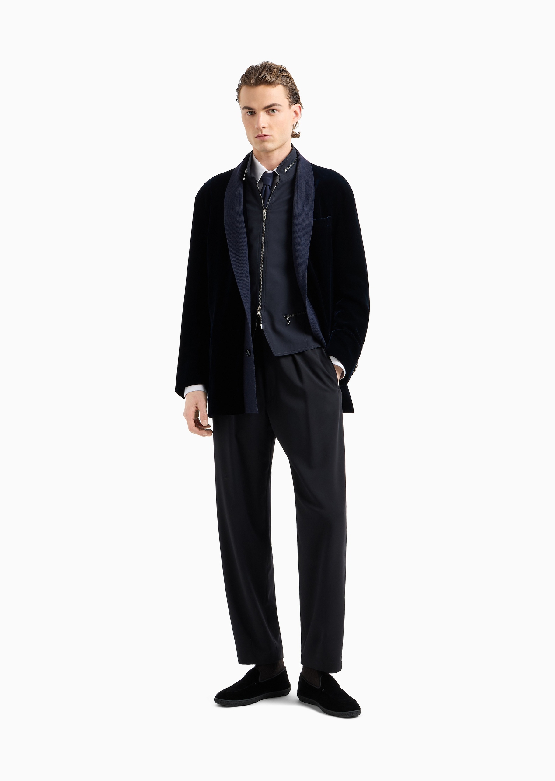Giorgio Armani 男士弹力合身长袖翻领秀场同款纯色衬衫