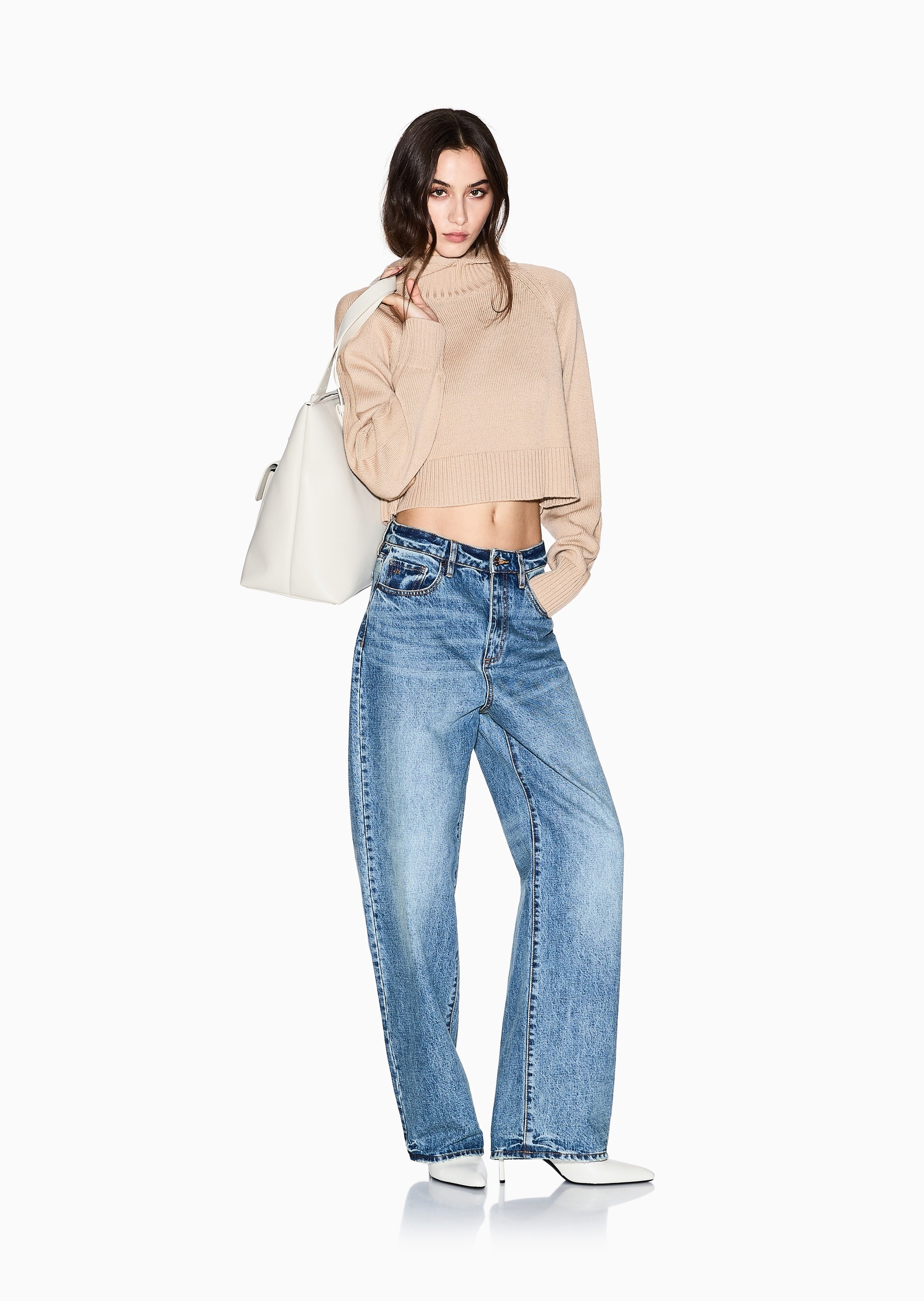 ARMANI EXCHANGE 女士全棉宽松高腰加长直筒牛仔裤