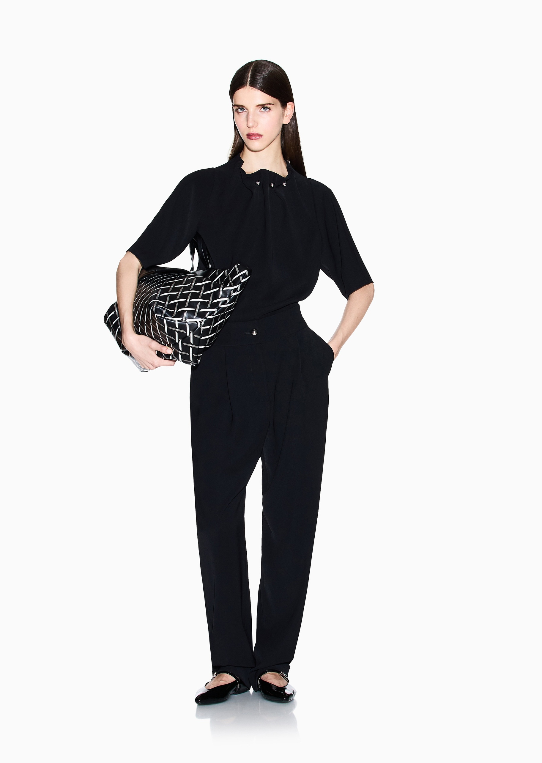 ARMANI EXCHANGE 女士宽松高腰直筒褶皱感纯色休闲裤