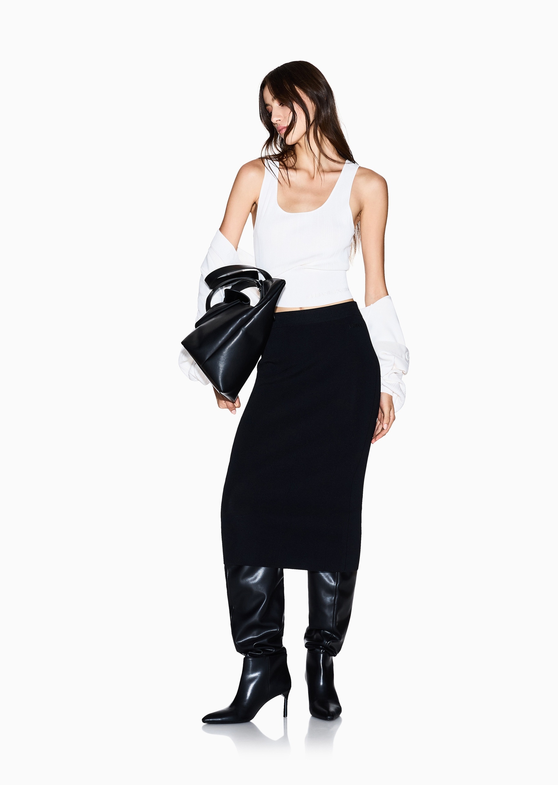 ARMANI EXCHANGE 女士修身中长款纯色刺绣标识半身裙