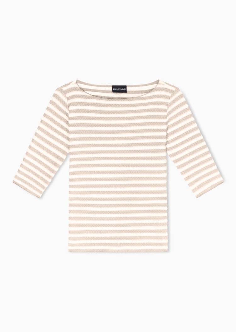 Emporio Armani 女士修身七分袖船领条纹优雅针织衫