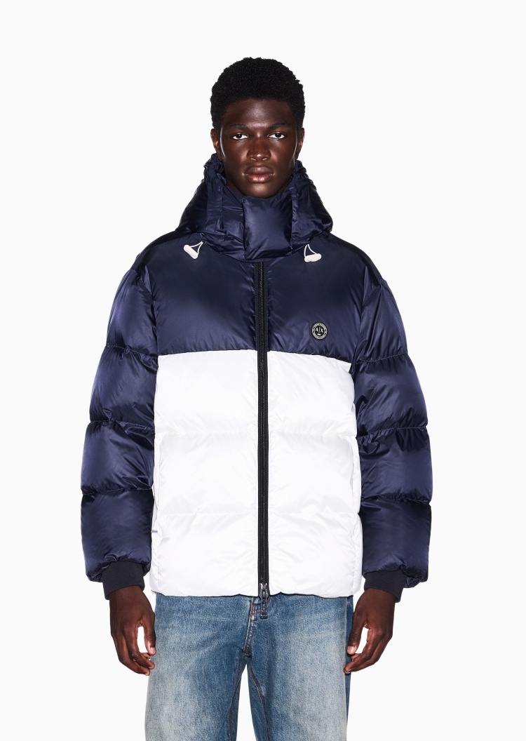 ARMANI EXCHANGE 男士连帽90白鸭绒撞色拼接面包羽绒服外套