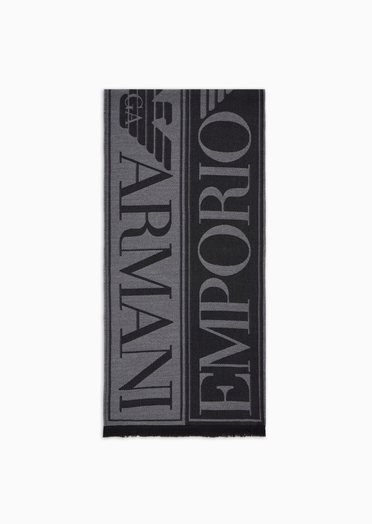 Emporio Armani 男士全绵羊毛长方形短穗双色徽标提花围巾