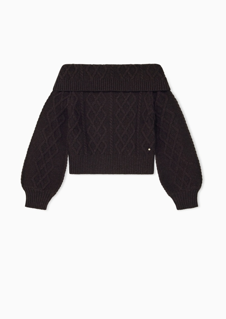 ARMANI EXCHANGE 女士羊毛混纺绞花一字肩套头针织毛衣