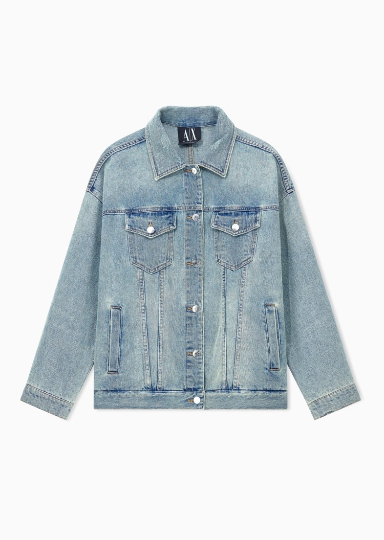 ARMANI EXCHANGE 女士翻领复古休闲落肩水洗牛仔夹克工装外套