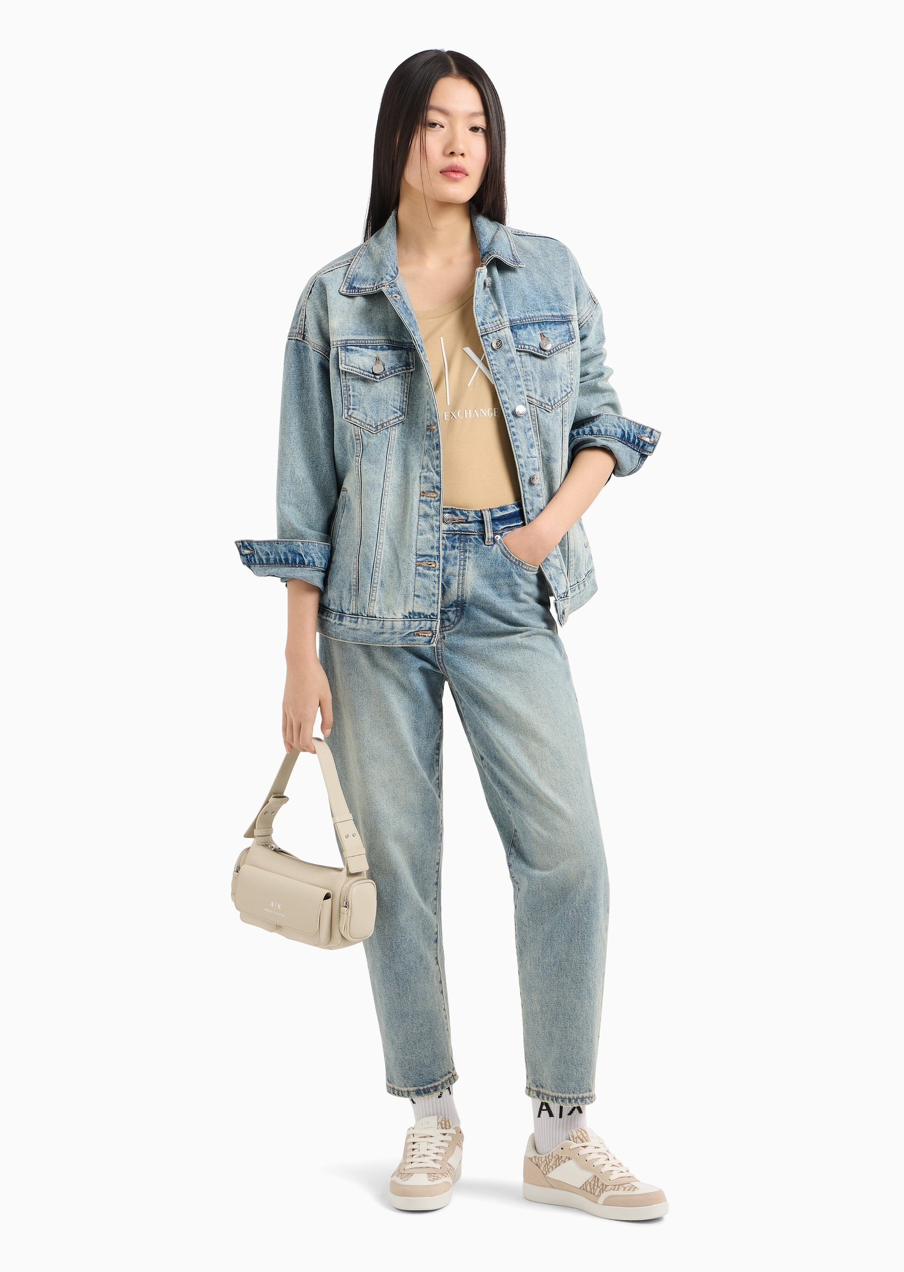 ARMANI EXCHANGE 女士翻领复古休闲落肩水洗牛仔夹克工装外套