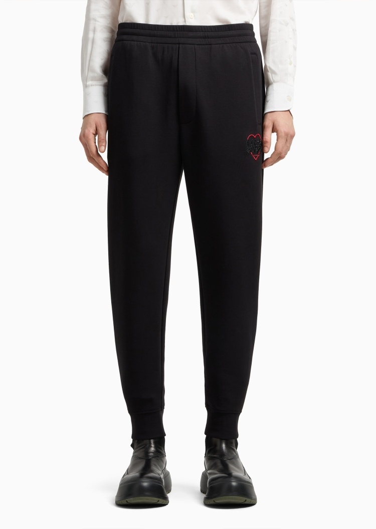 Emporio Armani 男士棉质弹力宽松长款锥形束脚重磅刺绣卫裤