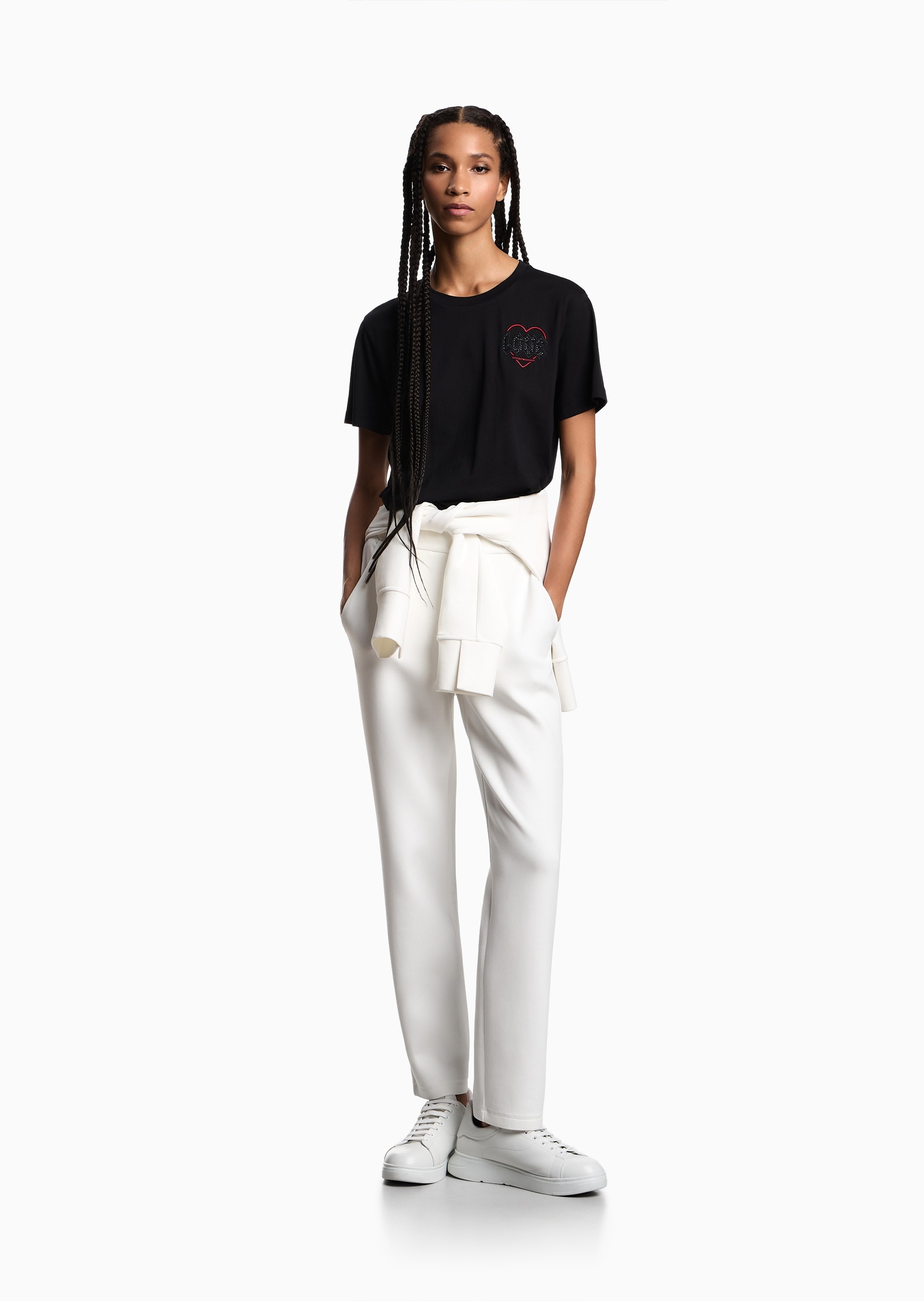 Emporio Armani 女士棉质弹力合身长款直筒重磅刺绣卫裤