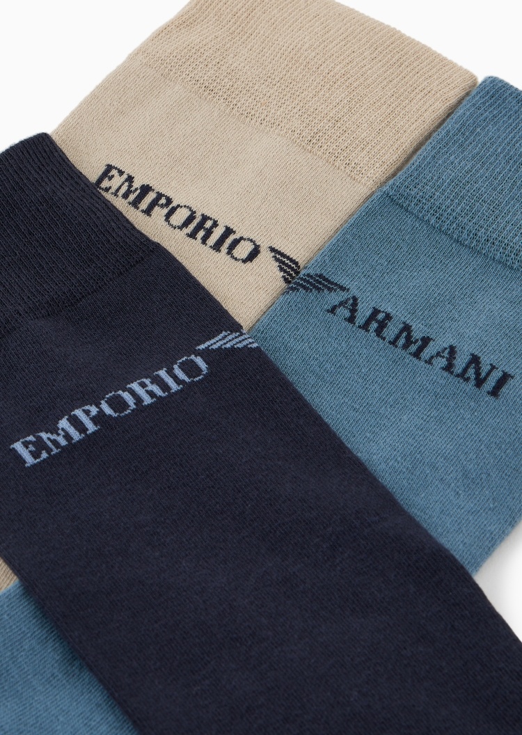 Emporio Armani 男士棉质微弹中筒三双装LOGO袜子套装