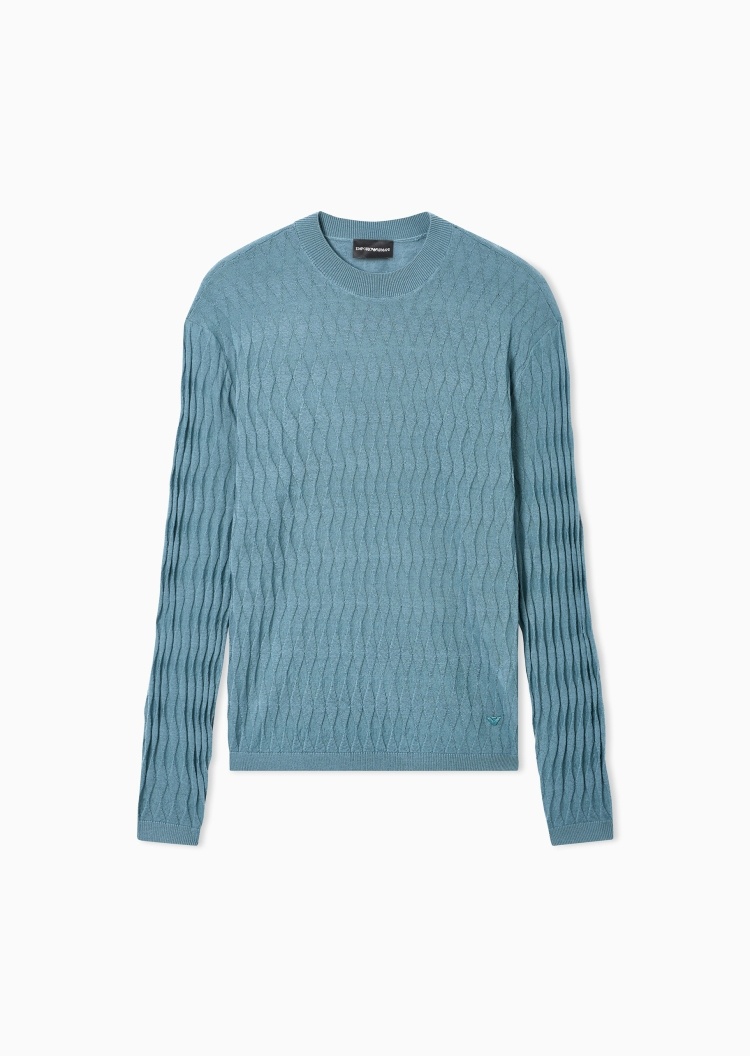 Emporio Armani 男士全绵羊毛修身长袖圆领绞花刺绣套头毛衣