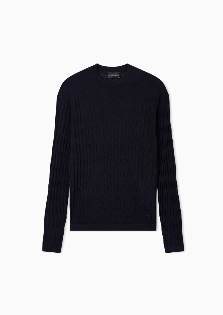 Emporio Armani 男士全绵羊毛修身长袖圆领绞花刺绣套头毛衣