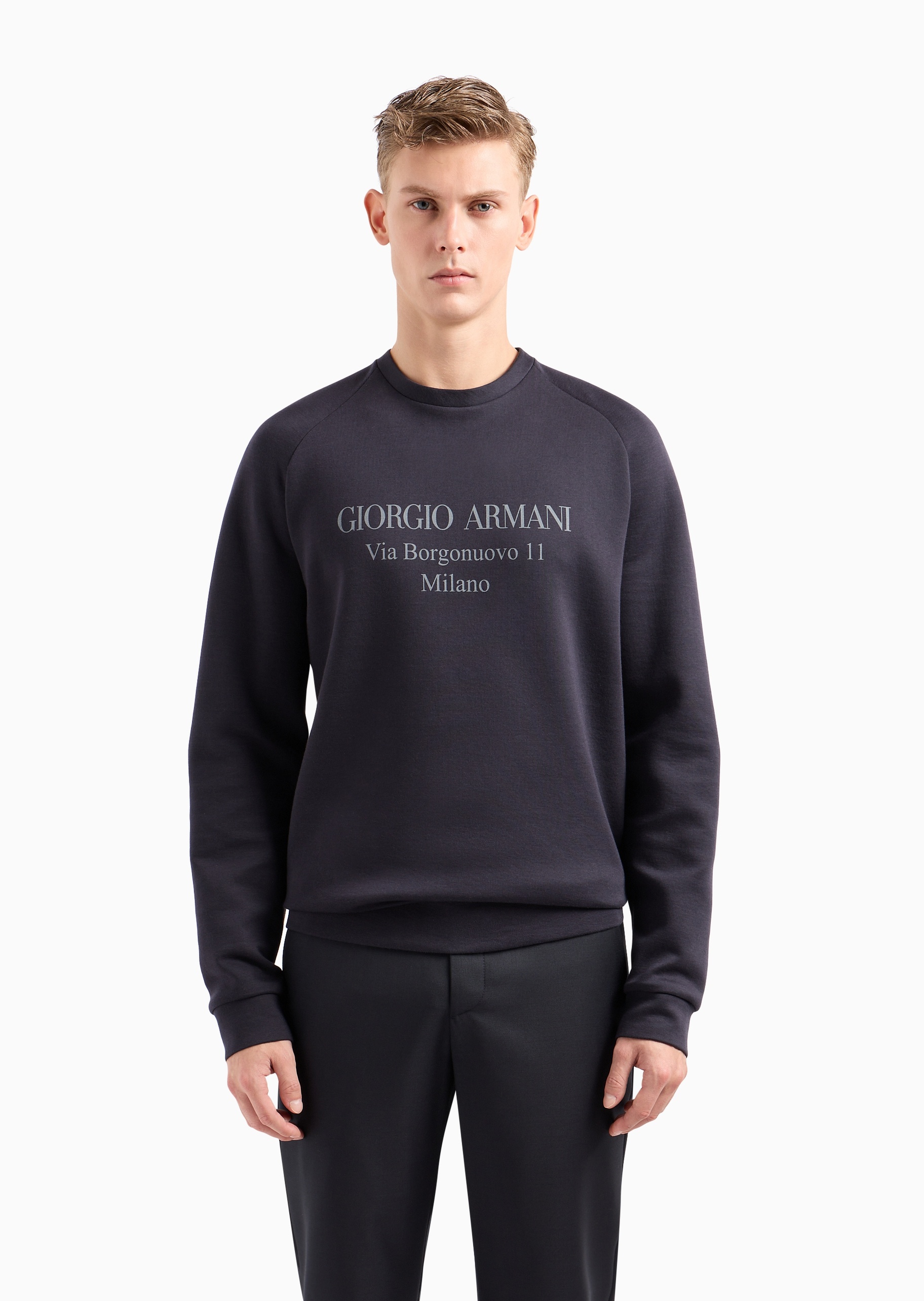 Giorgio Armani 男士棉质合身长袖圆领插肩印花卫衣