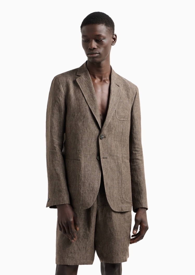 Emporio Armani 男士亚麻合身长袖平驳领休闲西装外套