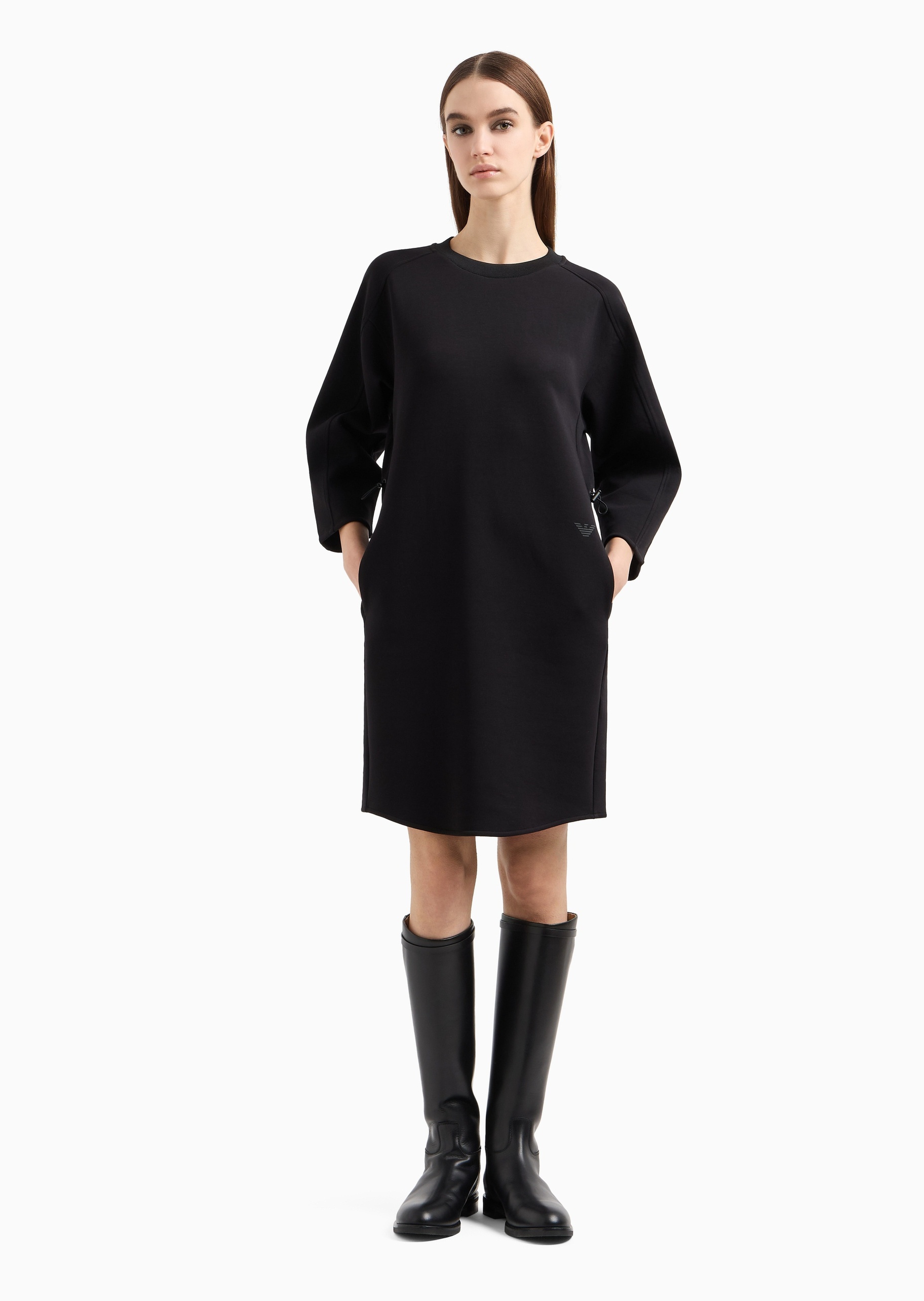Emporio Armani 女士棉质弹力长袖圆领腰部抽绳运动风连衣裙