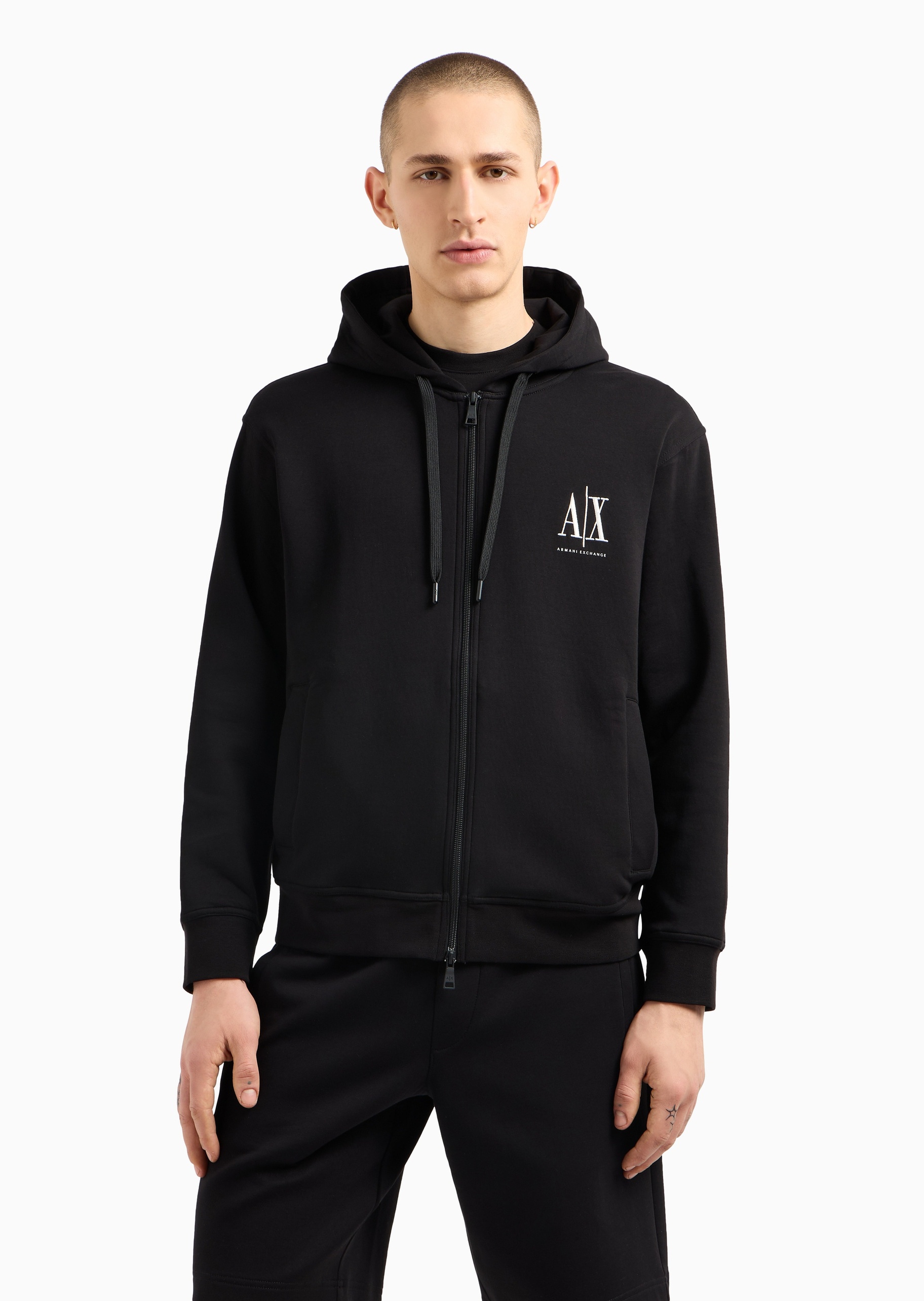 ARMANI EXCHANGE 男士棉质微弹宽松长袖连帽运动开衫卫衣外套