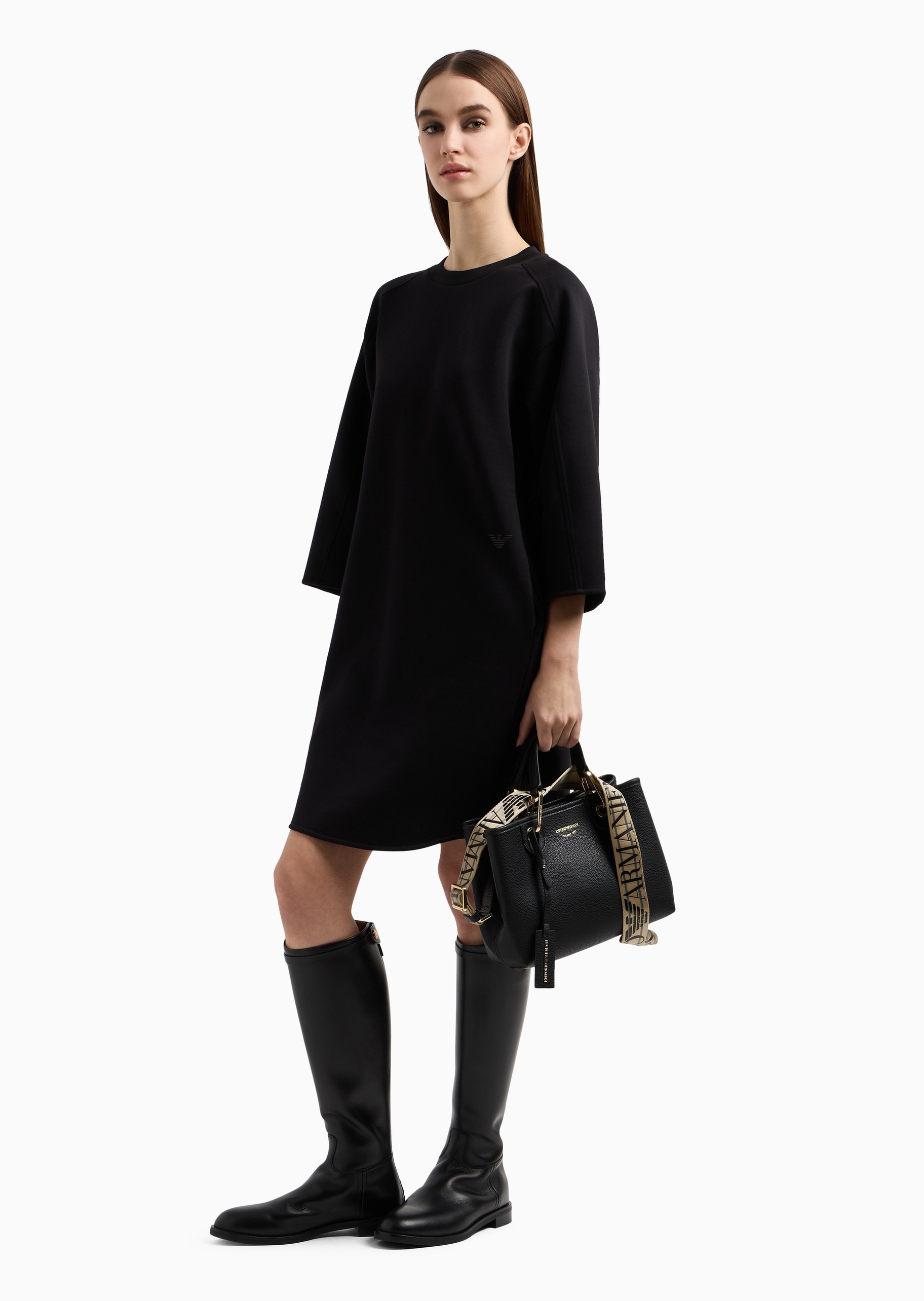 Emporio Armani 女士棉质弹力长袖圆领腰部抽绳运动风连衣裙