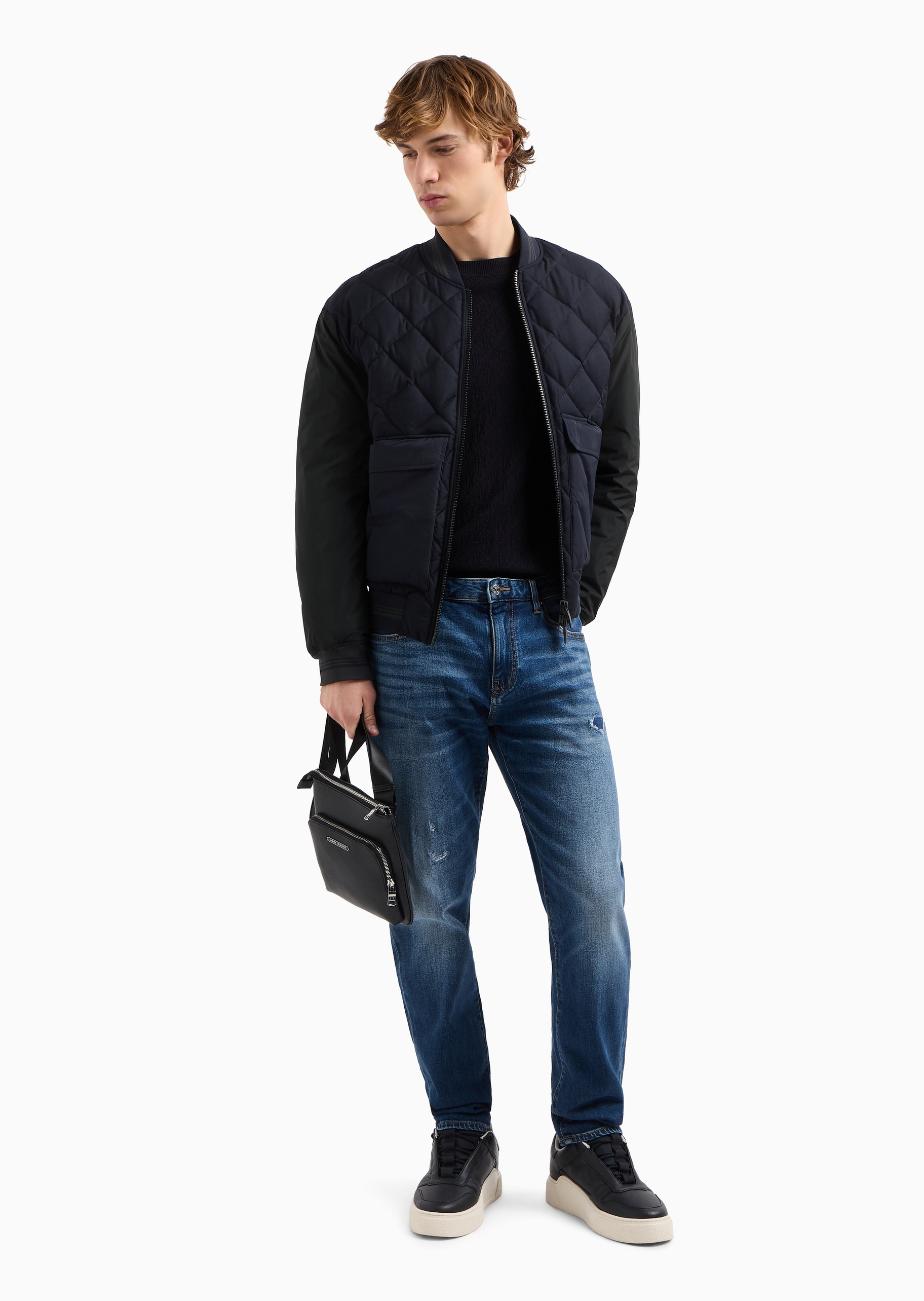 ARMANI EXCHANGE 男士纯棉微弹修身低腰长款直筒水洗牛仔裤
