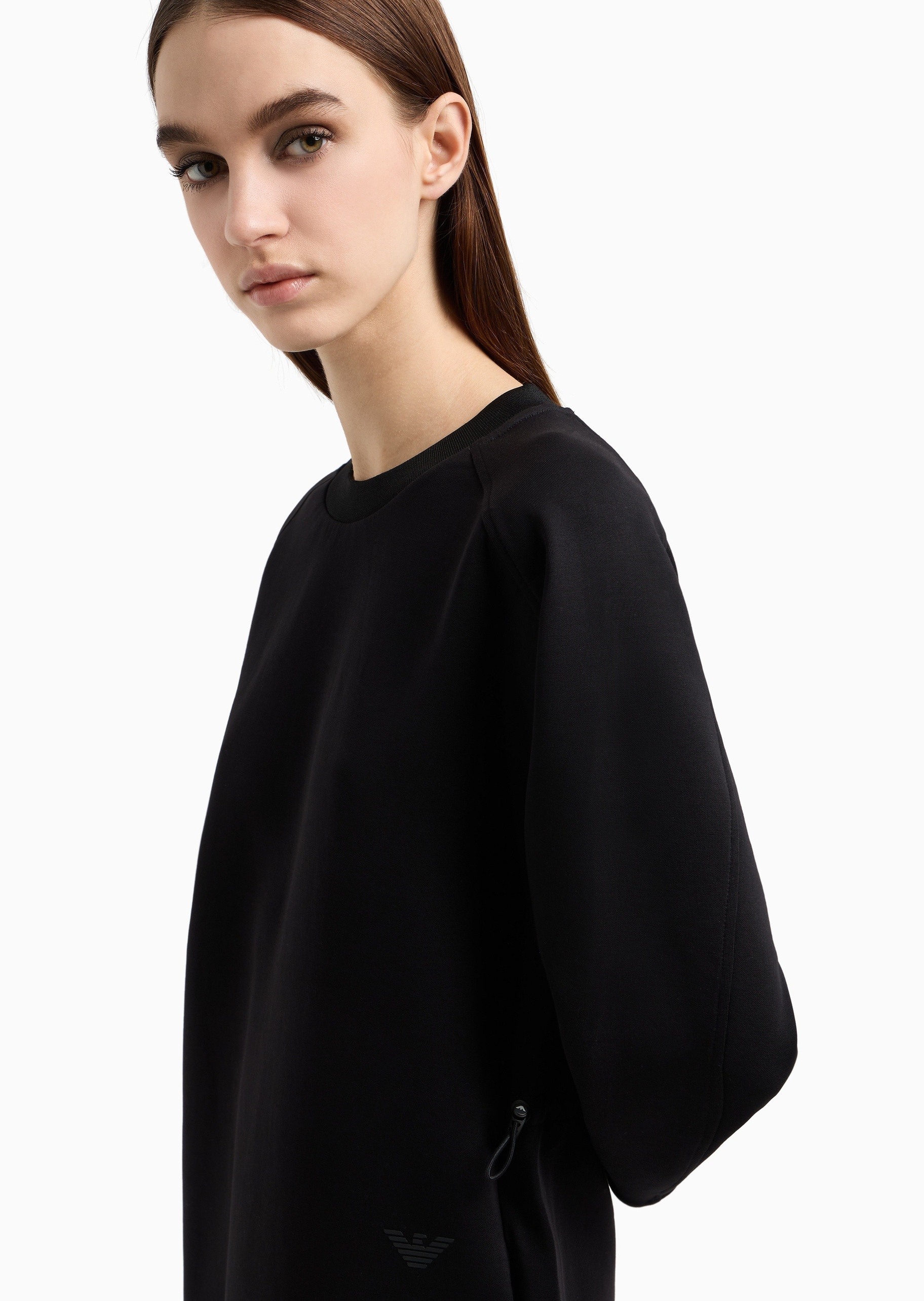 Emporio Armani 女士棉质弹力长袖圆领腰部抽绳运动风连衣裙
