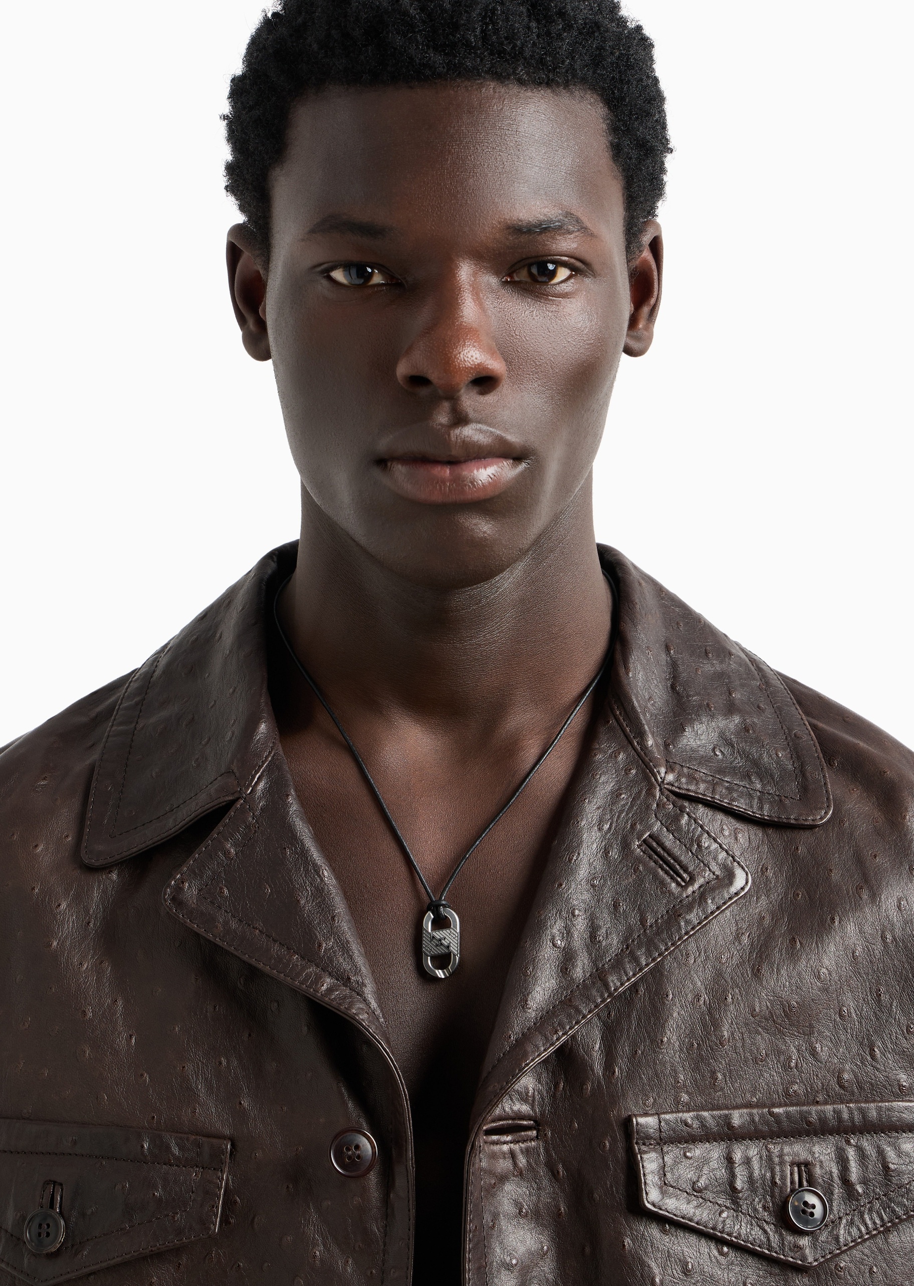 Emporio Armani 男士双色互锁吊坠皮绳龙虾扣项链