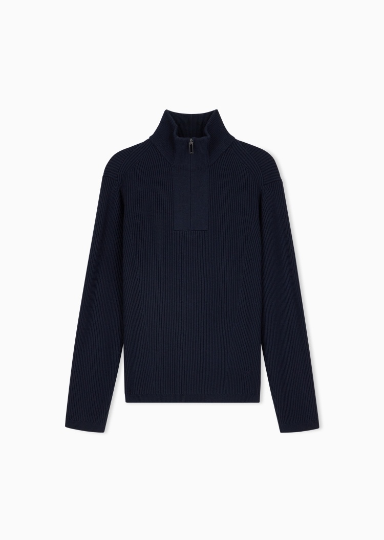 Emporio Armani 男士绵羊毛混纺立领老钱风半拉链针织毛衣