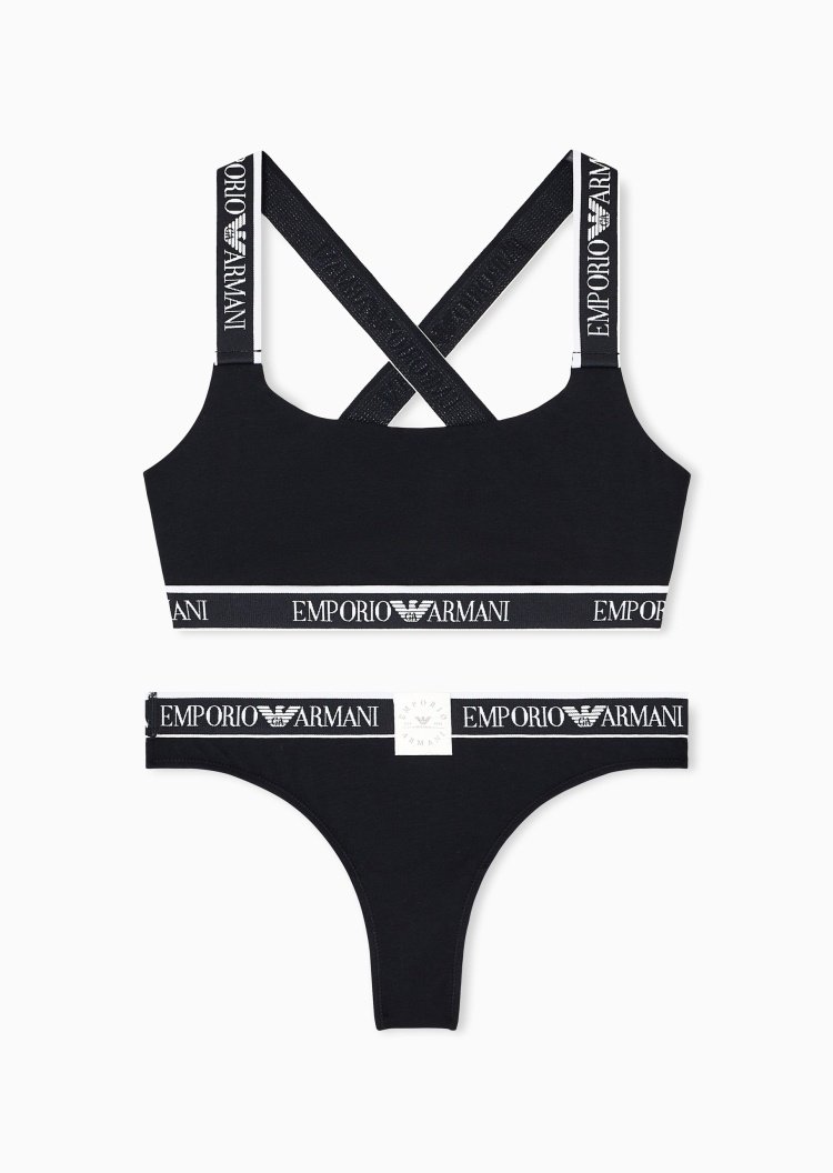 Emporio Armani 女士纯棉弹力交叉肩带文胸T型内裤内衣套装