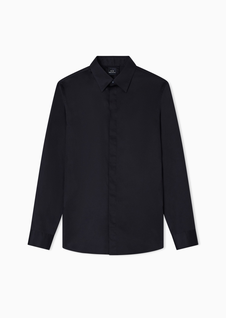 ARMANI EXCHANGE 男士纯棉微弹长袖翻领暗门襟纯色衬衫