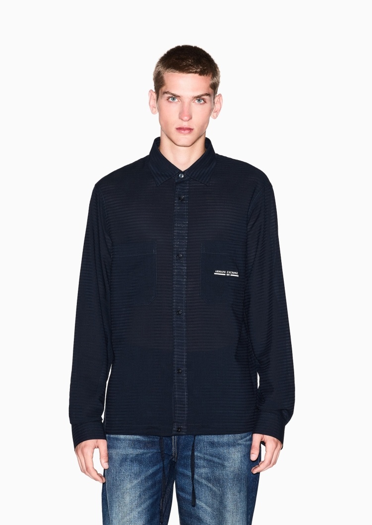 ARMANI EXCHANGE 男士棉质长袖翻领撞色标识纽扣衬衫