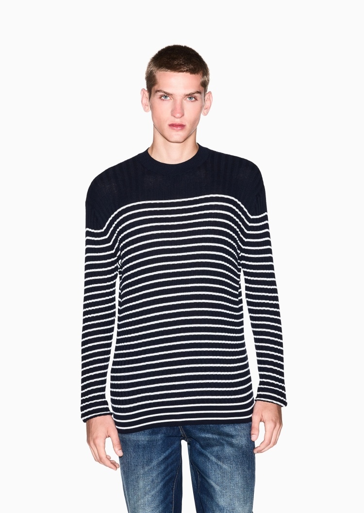 ARMANI EXCHANGE 男士全棉长袖圆领撞色条纹针织衫