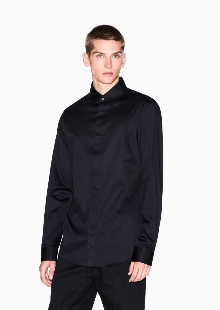 ARMANI EXCHANGE 男士纯棉微弹长袖翻领暗门襟纯色衬衫
