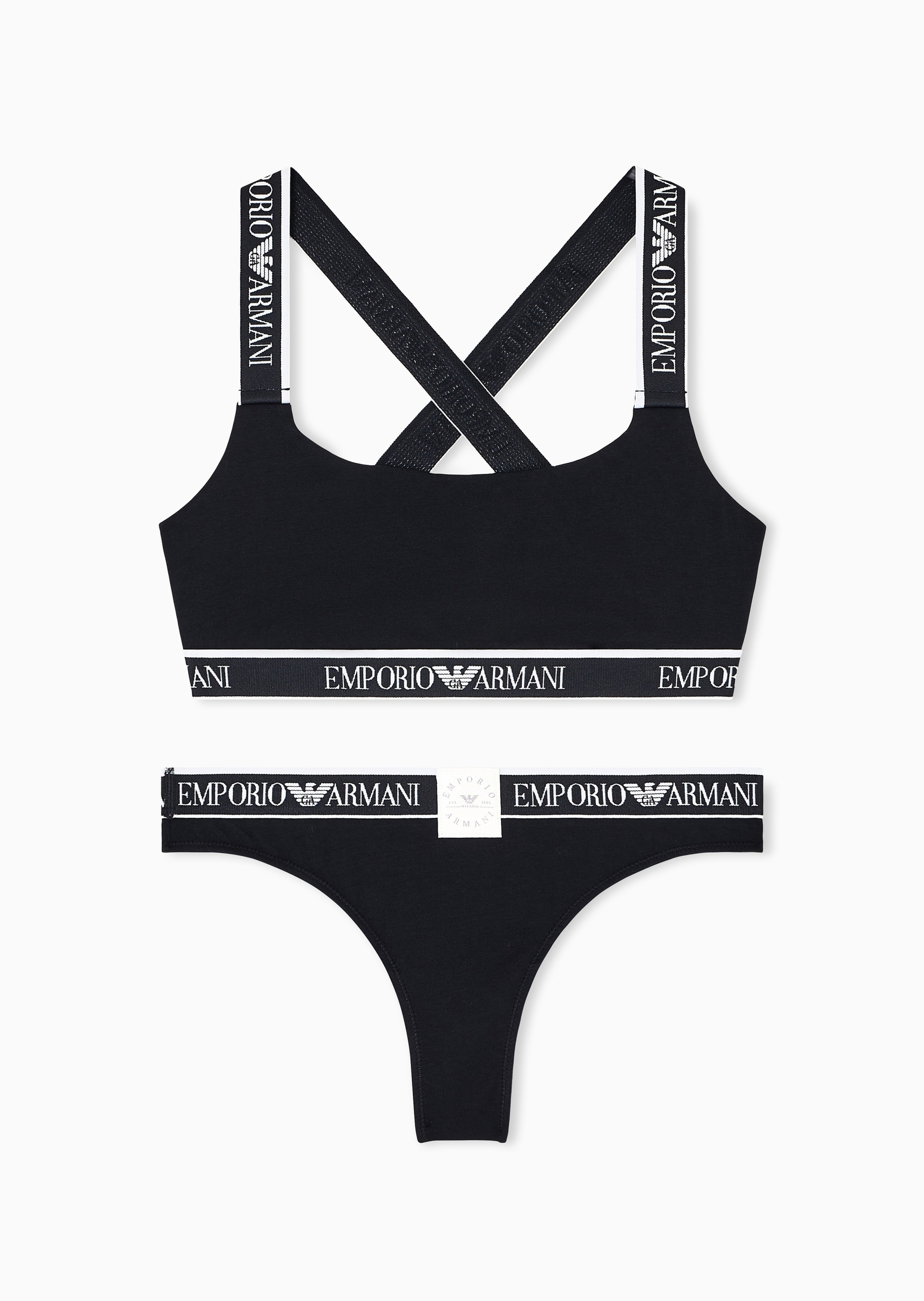 Emporio Armani 女士纯棉弹力交叉肩带文胸T型内裤内衣套装