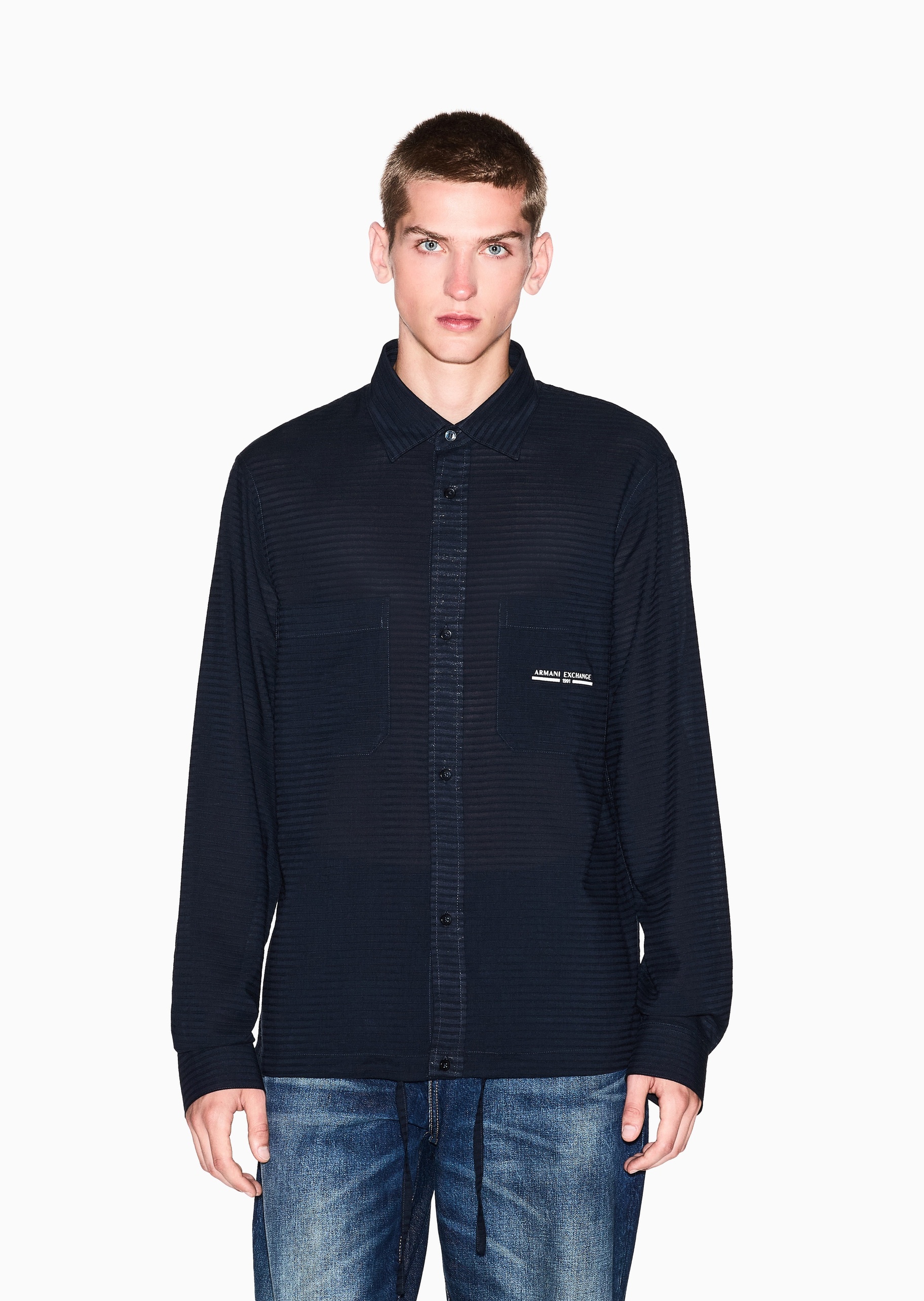ARMANI EXCHANGE 男士棉质长袖翻领撞色标识纽扣衬衫