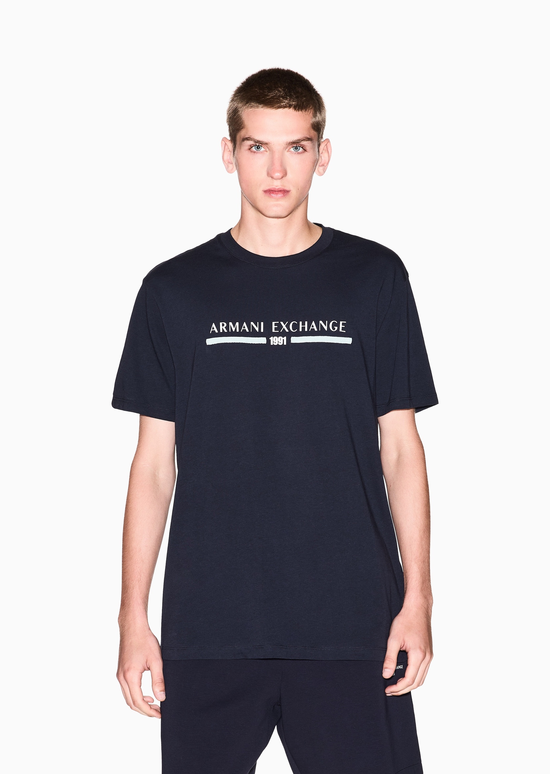 ARMANI EXCHANGE 男士全棉合身短袖圆领撞色标识轻薄T恤