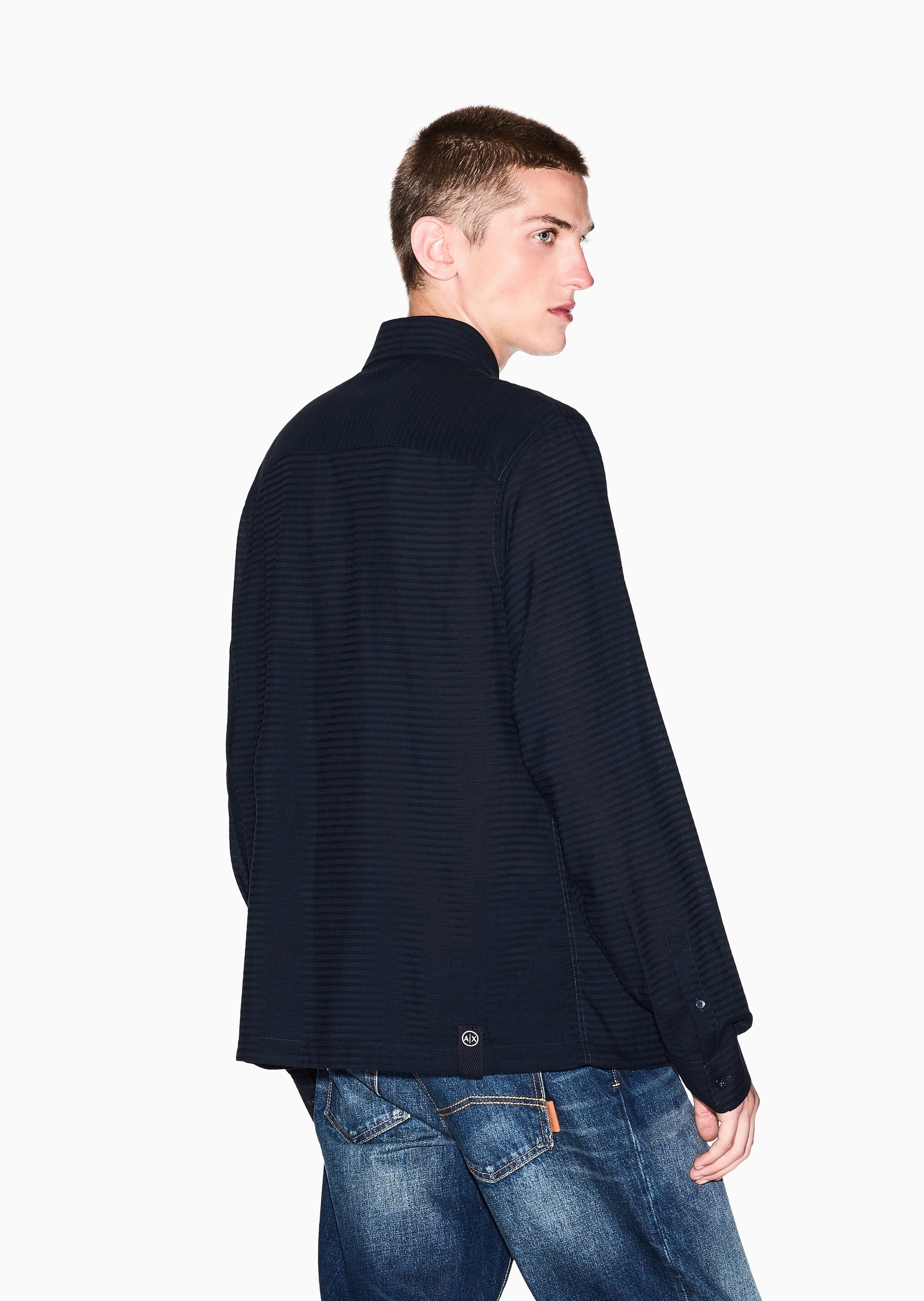 ARMANI EXCHANGE 男士棉质长袖翻领撞色标识纽扣衬衫